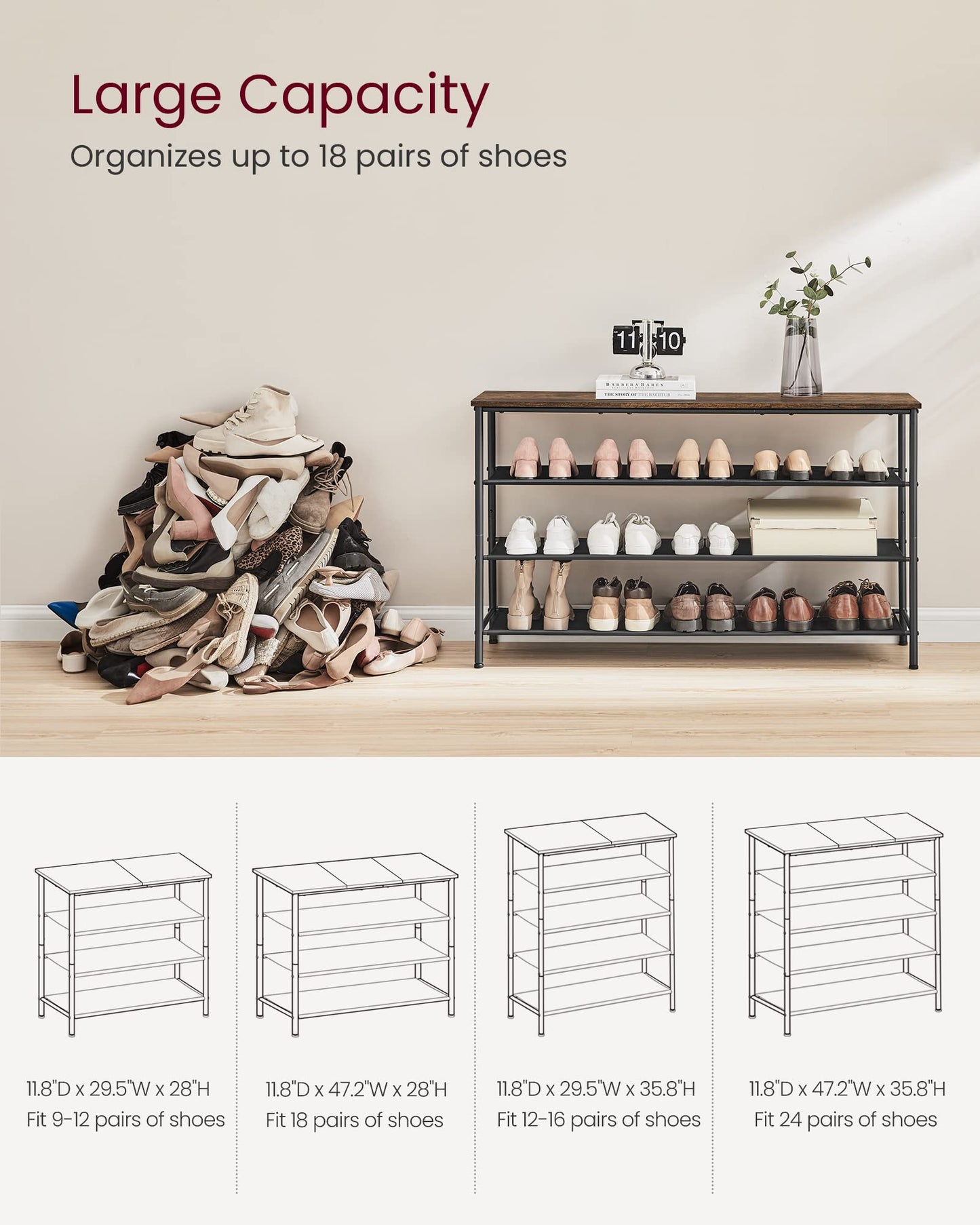 VASAGLE Shoe Rack, 4-Tier Shoe Storage Organizer for Entryway and Closet, Holds 9-12 Pairs of Shoes, 3 Fabric Shelves, Steel Frame, Industrial, Rustic Brown and Black ULBS035B01