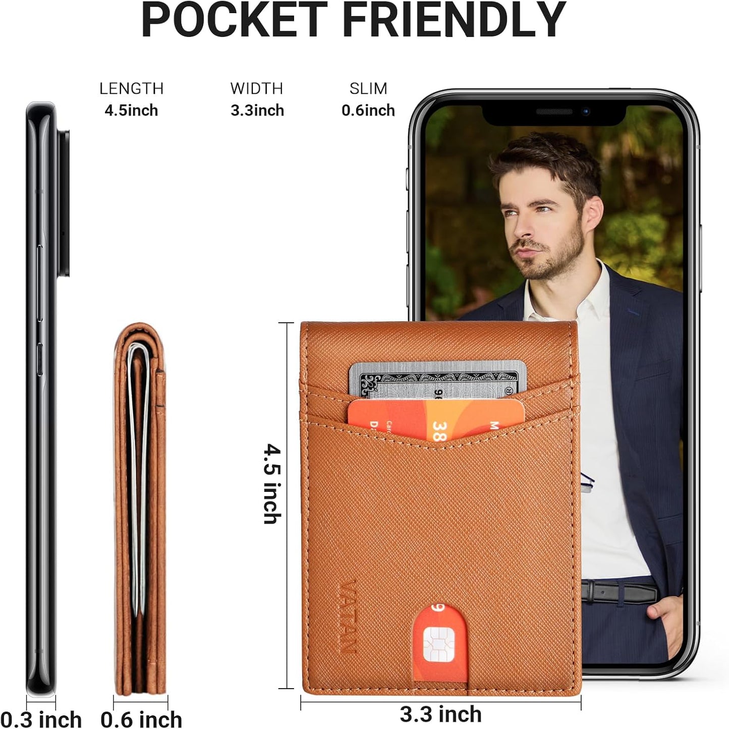 VATAN Herren Slim Wallet RFID Schutz Leder Kreditkartenetui für 15 Karten, Bifold Minimalistisches Dünnes Portemonnaie mit 2 Ausweisfenstern und Geldscheinfach, mit Geschenkbox (Carbon Fiber Schwarz)