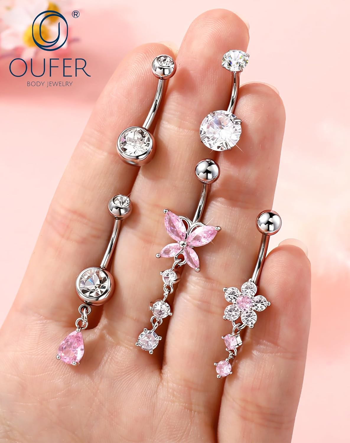 OUFER 5x Bauchnabelpiercings baumelnd – 14G Chirurgischer Stahl Bauchnabelpiercing, Hypoallergener Bauchnabelring mit Zirkonia Schmetterling Blume Tropfen Langhantel für Strand, Festival, Fitnessstudio