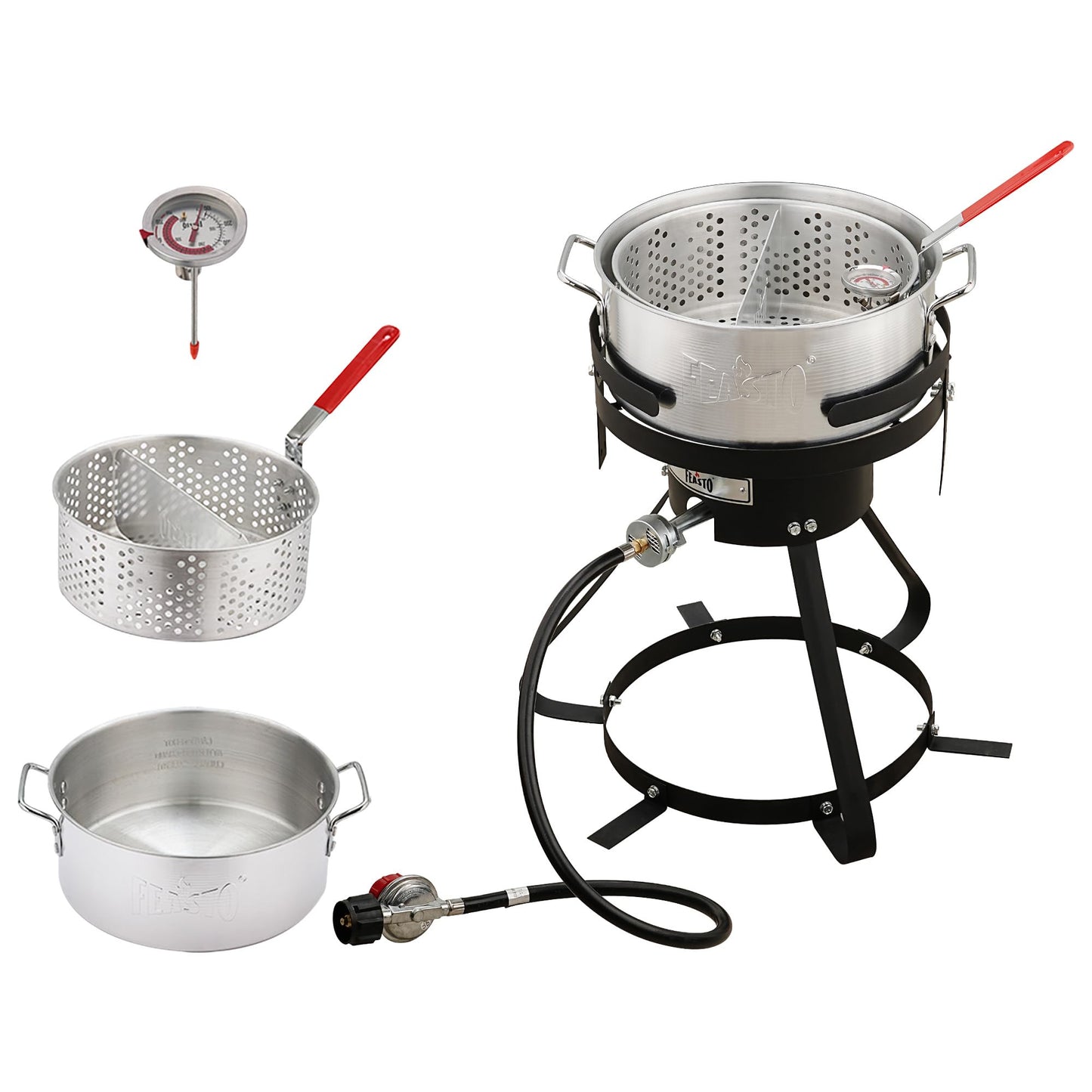 Feasto 10 Qt Outdoor Propane Gas Fish Fryer Pot Kit with Strainer Basket | Aluminum, 50,000 BTU Burner, Adjustable 0-5 PSI Regulator, Perfect for Boiling and Frying