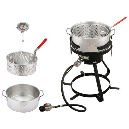 Feasto 10 Qt Outdoor Propane Gas Fish Fryer Pot Kit with Strainer Basket | Aluminum, 50,000 BTU Burner, Adjustable 0-5 PSI Regulator, Perfect for Boiling and Frying