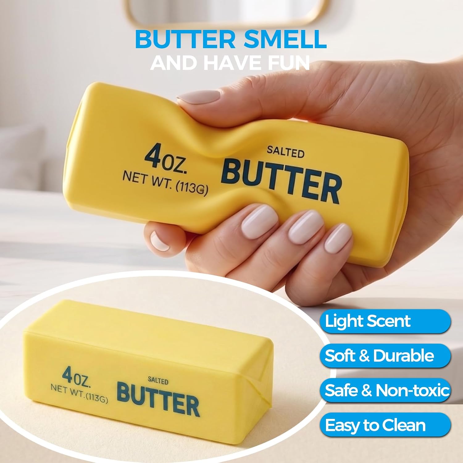 Butter Squishy, Soft Slow Rising Squeeze Toys, Butter Stick Squishy Fidget Toys and Stress Balls Squishies for Office Desk Toys, Party Favors & Birthday Gifts(Yellow)