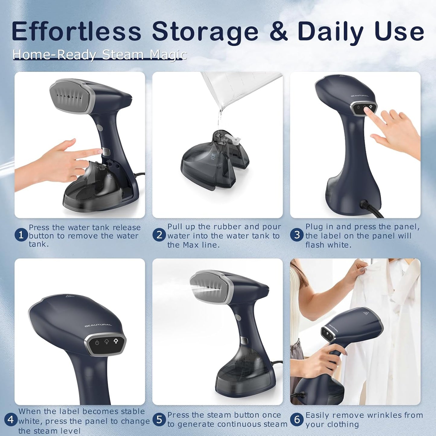 BEAUTURAL 1200-Watt Handheld-Dampfglätter für Kleidung, 30 Sekunden Aufheizzeit, 260 ml Wassertank, Aqua