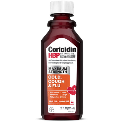 Coricidin HBP Maximum Strength Cold & Flu Day & Night Sugar-Free Liquid Twinpack,Decongestant-Free Cold Medicine for Adults with High Blood Pressure -12 Fl Oz,2 Count (Pack of 2)