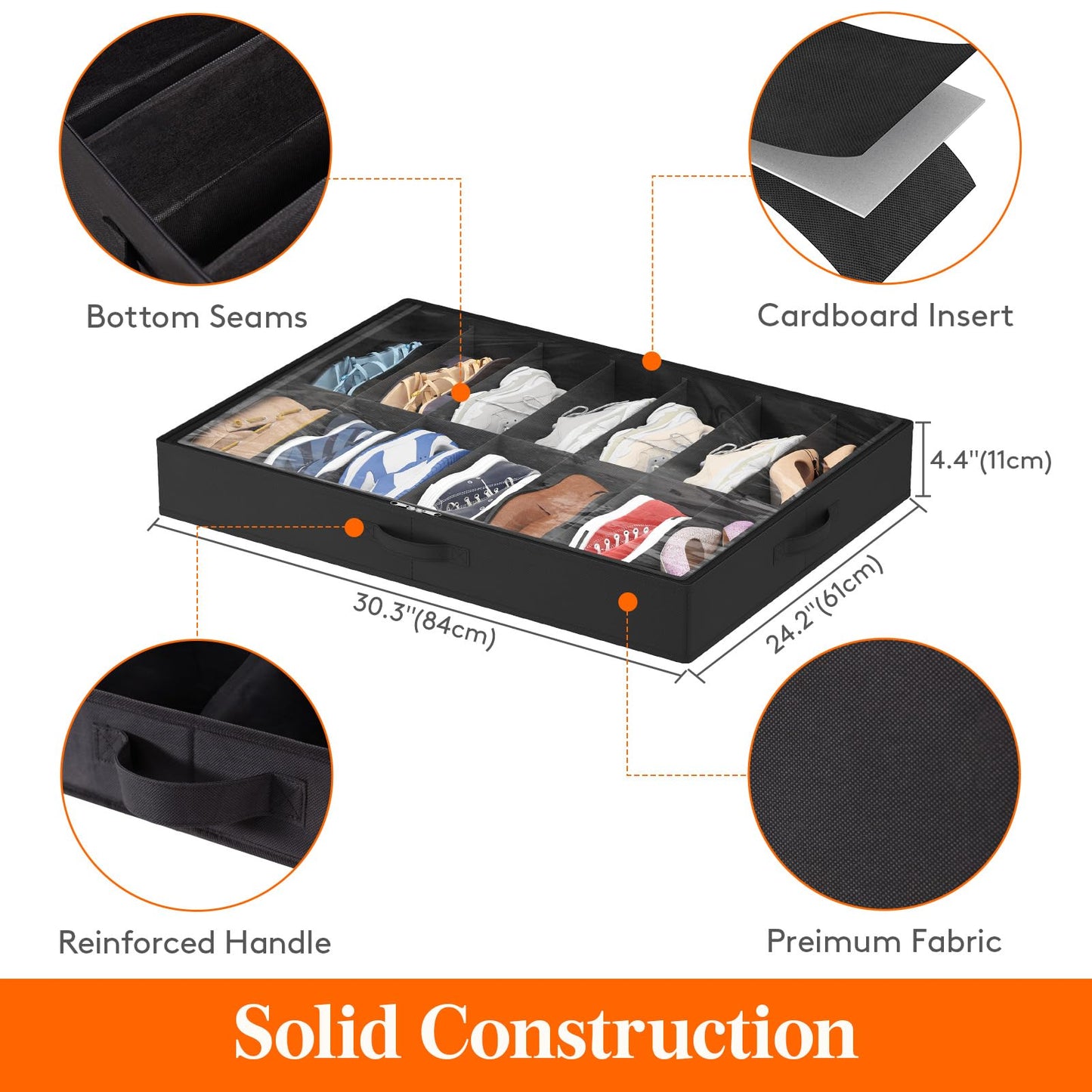 Lifewit Under Bed Shoe Storage Organizer 2 Pack(12 Shoes Cells), 4.3 Inches Profile Fabric Shoes Container Box with Clear Cover, Foldable Storage Bag with 2 Handles, Fits 12 to 24 Pairs