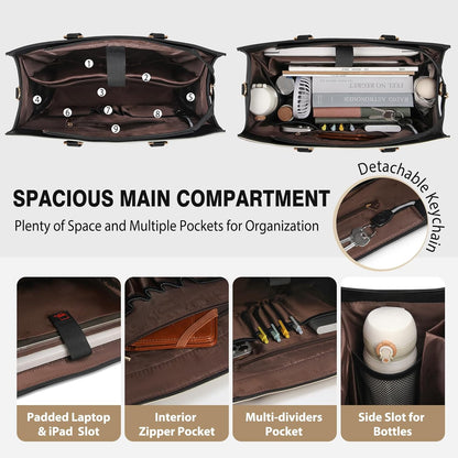 RAINSMORE Laptop Bag for Women 15.6 Inch Work Tote Bag with Detachable Strap & Bow Leather Laptop Tote with Cup Holder