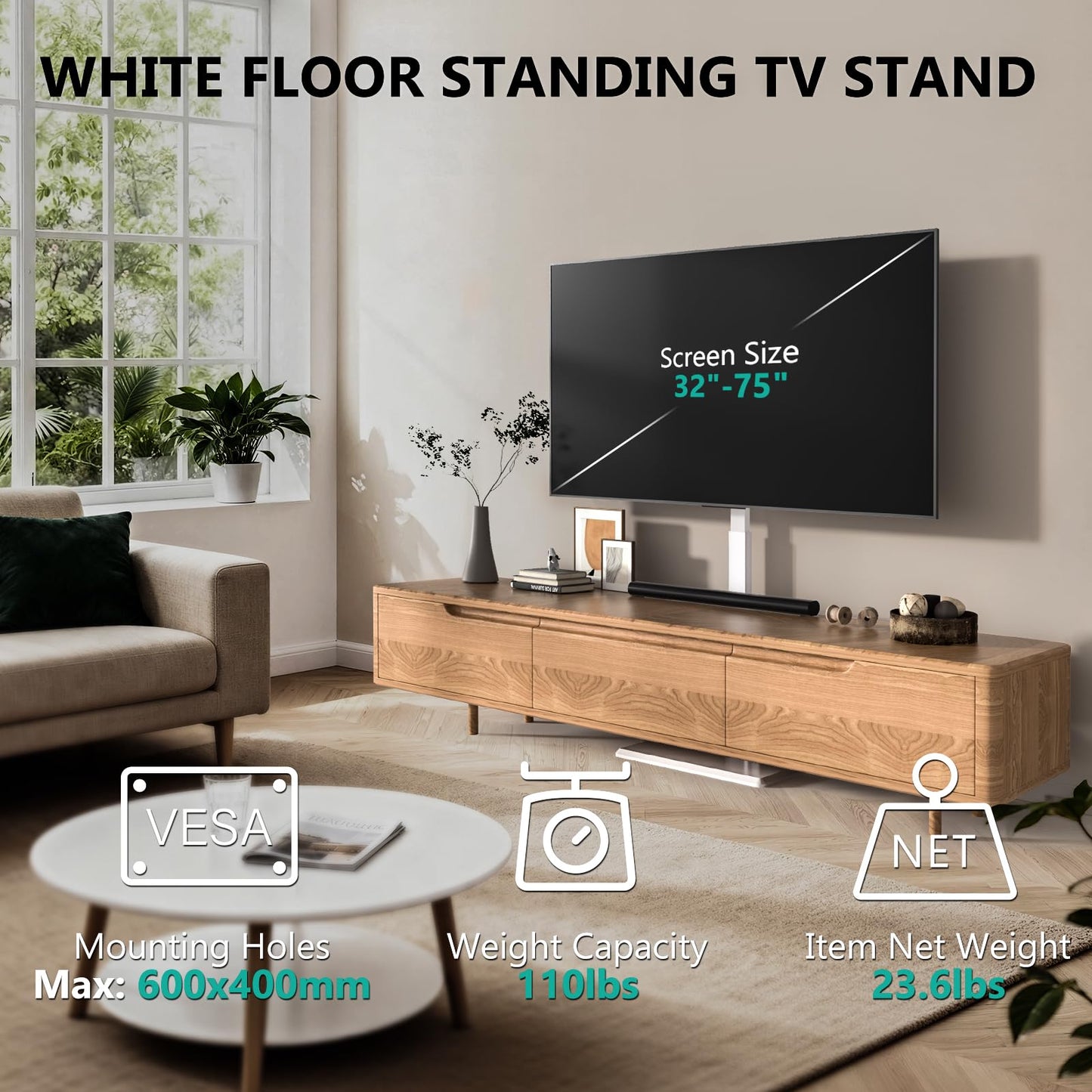 WALI Rolling TV Stand with Power Outlet & AV Shelf, Mobile Tall TV Stand Mount on Wheels for 34-75 inch TV up to 110 lbs, Swivel Height Adjustable TV Cart with Wood Base for Bedroom(TVDVD-6PRW), White