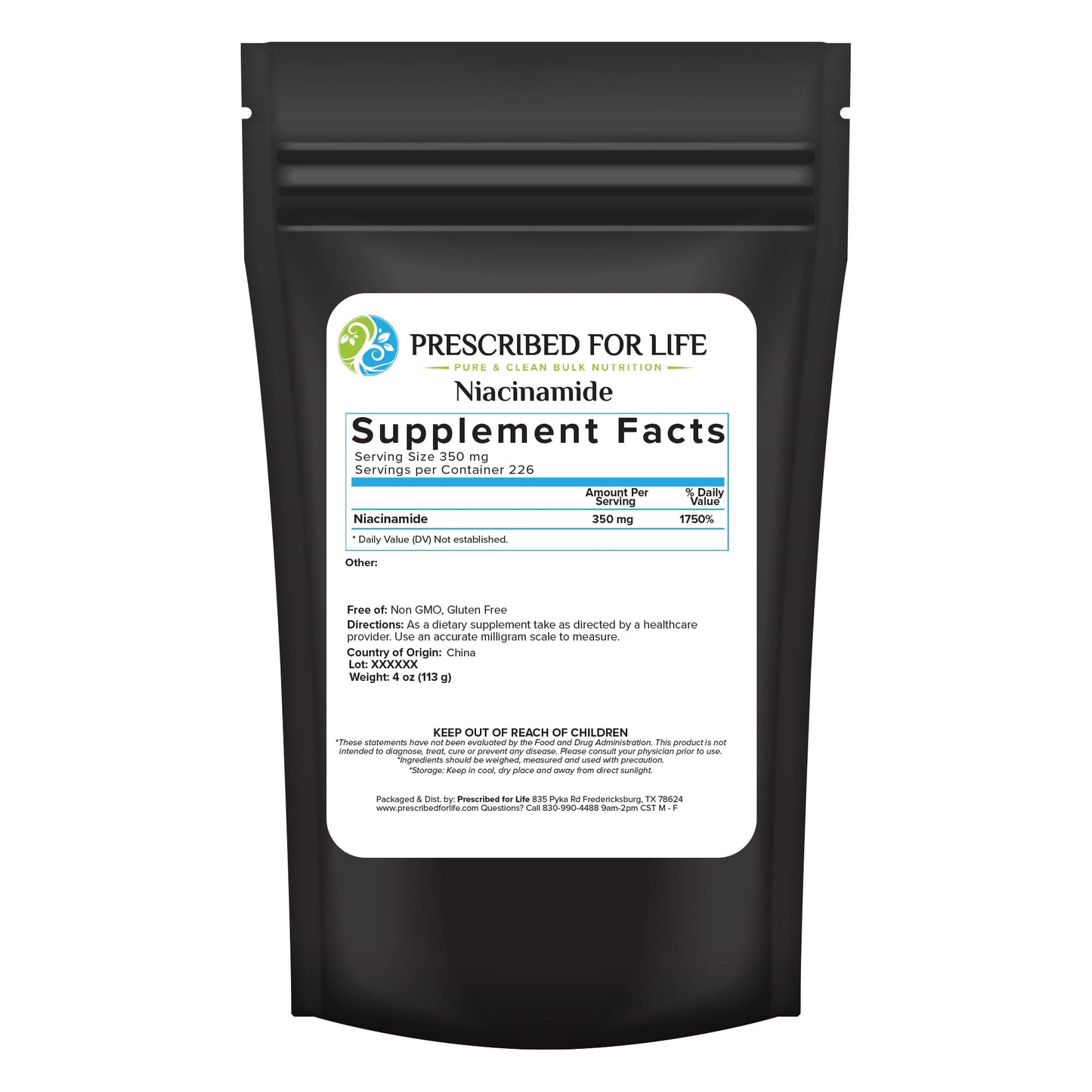 Prescribed For Life Niacinamide Powder (B-C), Fine Granular USP Grade Vitamin B3 Powder, Natural Nicotinamide Supplement, Gluten Free, Non GMO, Vegan, Niacinamida Pura (25kg / 55lb)