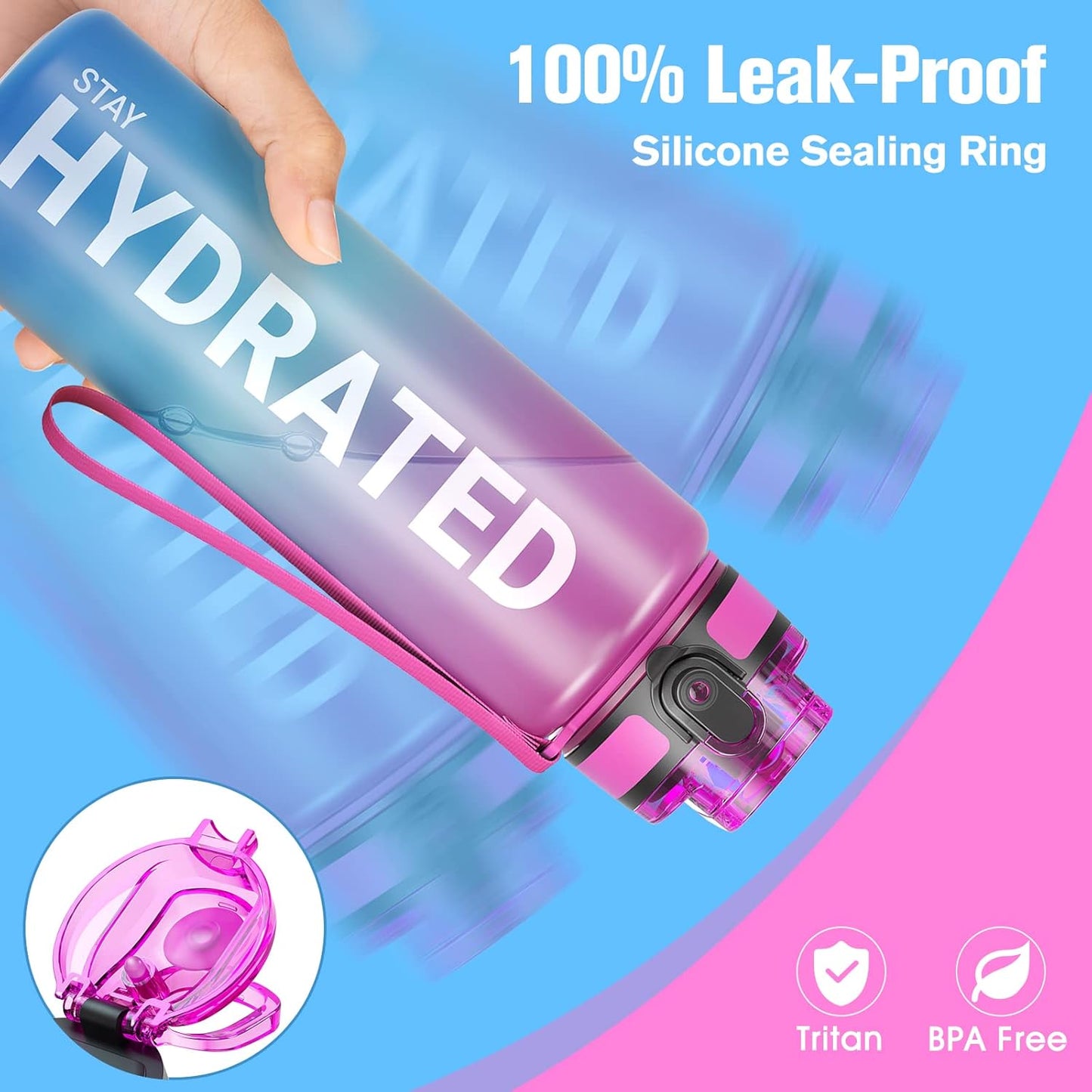 Sahara Sailor Trinkflasche, 950ml Motivations-Sportflasche mit Zeitmarkierung – Trinkzeiten – Tritan, BPA-frei, weite Öffnung auslaufsicher, Fast-Flow-Technologie mit Reinigungsbürste (1 Flasche)