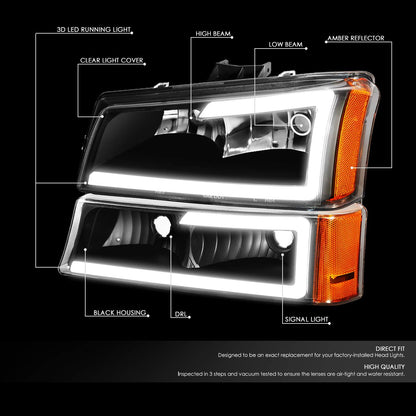 DNA MOTORING HL-LB-CSIL03-BK-CL1 Black Housing 3D LED DRL Headlight Bumper Lamp Set Compatible with 03-06 Silverado 1500-3500 / Avalanche 1500 2500