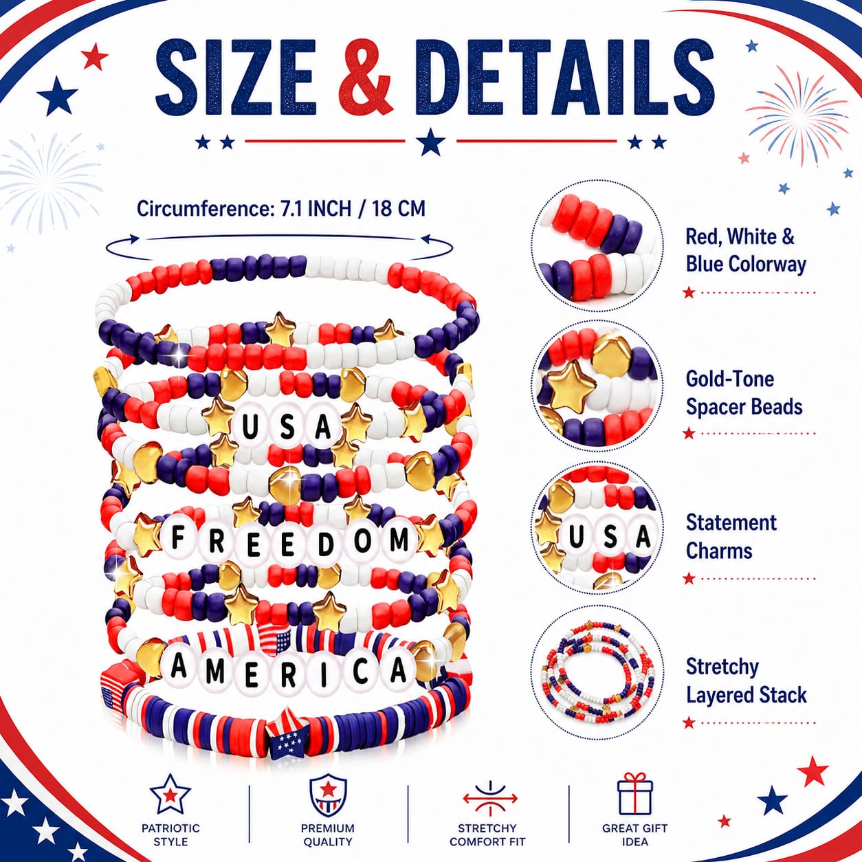 250 Anniversary USA Merchandise 4th of July Outfits for Women Men Teens Red White Blue Clay Beaded Stretch Bracelets USA Patriotic Jewelry 4th of July Accessories