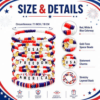 250 Anniversary USA Merchandise 4th of July Outfits for Women Men Teens Red White Blue Clay Beaded Stretch Bracelets USA Patriotic Jewelry 4th of July Accessories