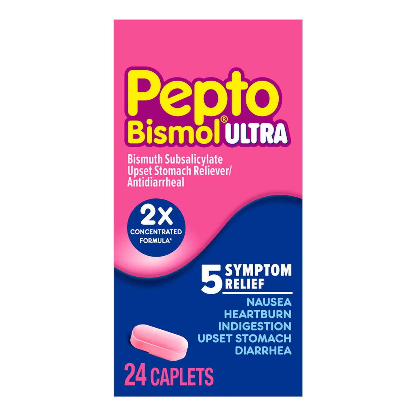 Pepto Bismol Ultra Caplets, Upset Stomach Relief, Nausea Relief, Heartburn Relief, Indigestion Relief, Anti Diarrhea Medication for Adults - 5 Symptom Relief, 48 ct (2x24 ct) (Pack of 12)