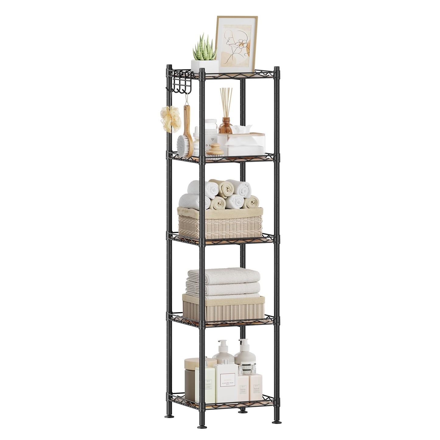 SONGMICS Storage Shelf, Small Metal Wire Shelving Unit, Adjustable Shelves, for Small Spaces, Garage, Bedroom, Living Room, Kitchen, Pantry, 5 Tier, 11.8 x 11.8 x 47.6 Inches, Ink Black ULGR123BH01