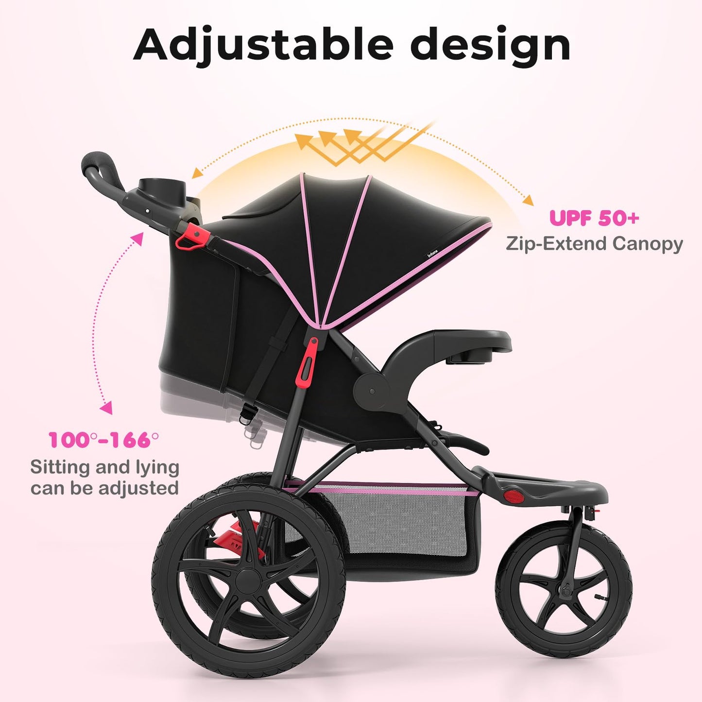 INFANS Jogging Stroller, Foldable Jogger with Air-Filled Tires Shock Absorbing Suspension Adjustable Backrest, Baby Running Strollers