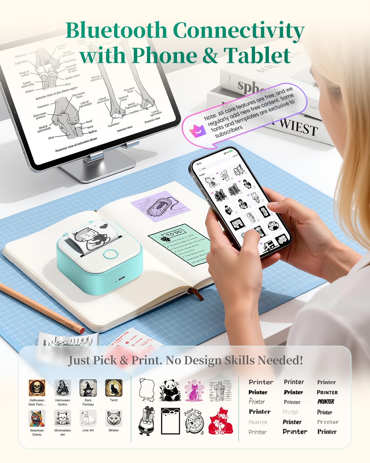 Memoking Mini-Drucker - T02 Aufkleberdrucker, Druckkapsel, tragbarer thermischer tintenloser Aufkleberhersteller, Bluetooth-Taschen-Minifotodrucker, Sofortdruck, Smart AI APP, für Studentenstudiennotizen, Tagebuch, Heimwerker, Geschenk
