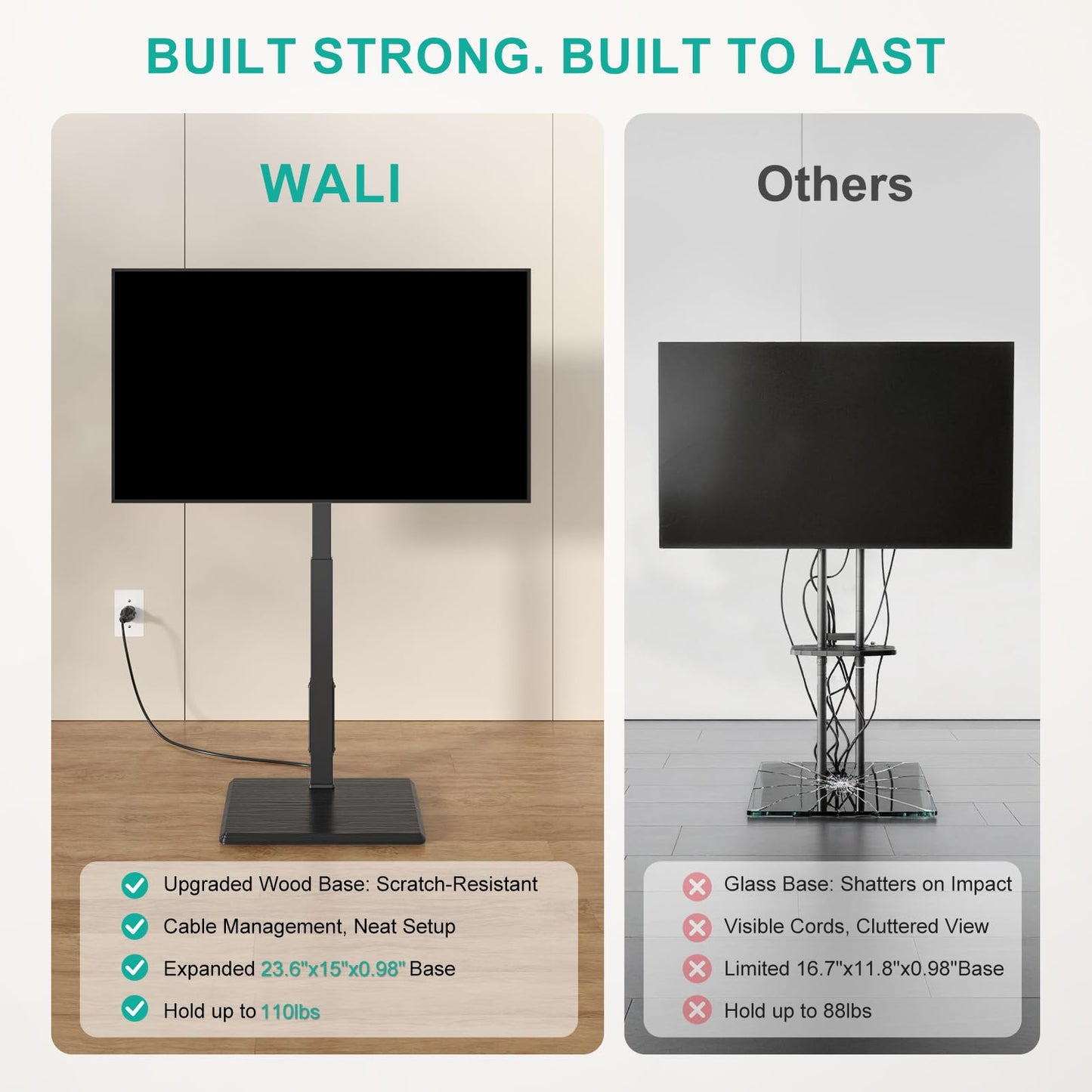WALI Rolling TV Stand with Power Outlet & AV Shelf, Mobile Tall TV Stand Mount on Wheels for 34-75 inch TV up to 110 lbs, Swivel Height Adjustable TV Cart with Wood Base for Bedroom(TVDVD-6PRW), White