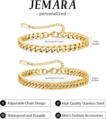 3 Stück Herren Silber Armbänder, robustes Curb Edelstahl Breite Schlangenkette Figaro Cuban Armband Set 7/7.8+1.2 Zoll verstellbares Stapel-Silberkettenarmband für Männer