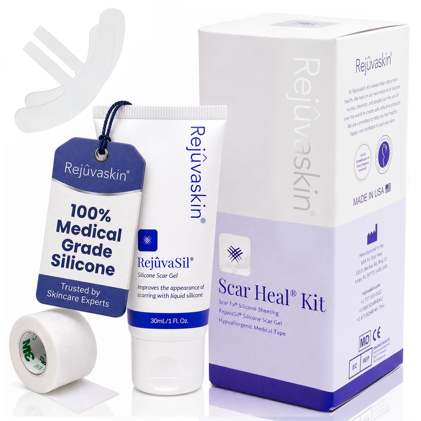 Rejuvaskin Scar Heal Kit for Breast Scars, Soften, Flatten, Reduce and Recover, Silicone Sheeting, RejuvaSil Gel & Medical Tape, Breast Anchor Pair