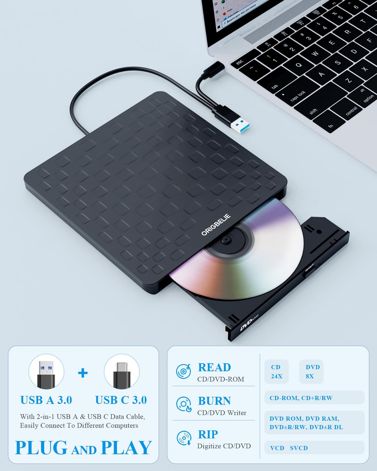 ORIGBELIE externes DVD-Laufwerk, CD-Laufwerk USB 3.0 Typ-C CD/DVD ROM +/-RW Adapter mit USB-Anschluss DVD-Brenner für Laptop, PC, Desktop-Computer, optisches Laufwerk CD-Player kompatibel mit Mac Windows Linux