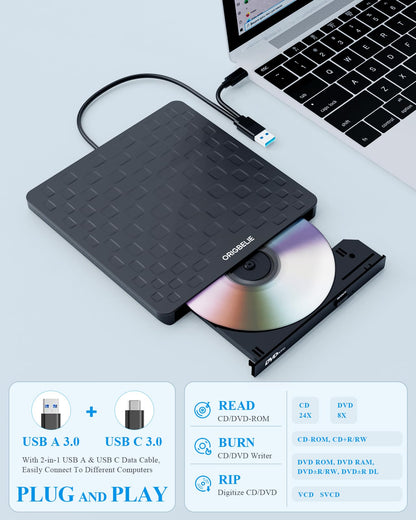 ORIGBELIE externes DVD-Laufwerk, CD-Laufwerk USB 3.0 Typ-C CD/DVD ROM +/-RW Adapter mit USB-Anschluss DVD-Brenner für Laptop, PC, Desktop-Computer, optisches Laufwerk CD-Player kompatibel mit Mac Windows Linux