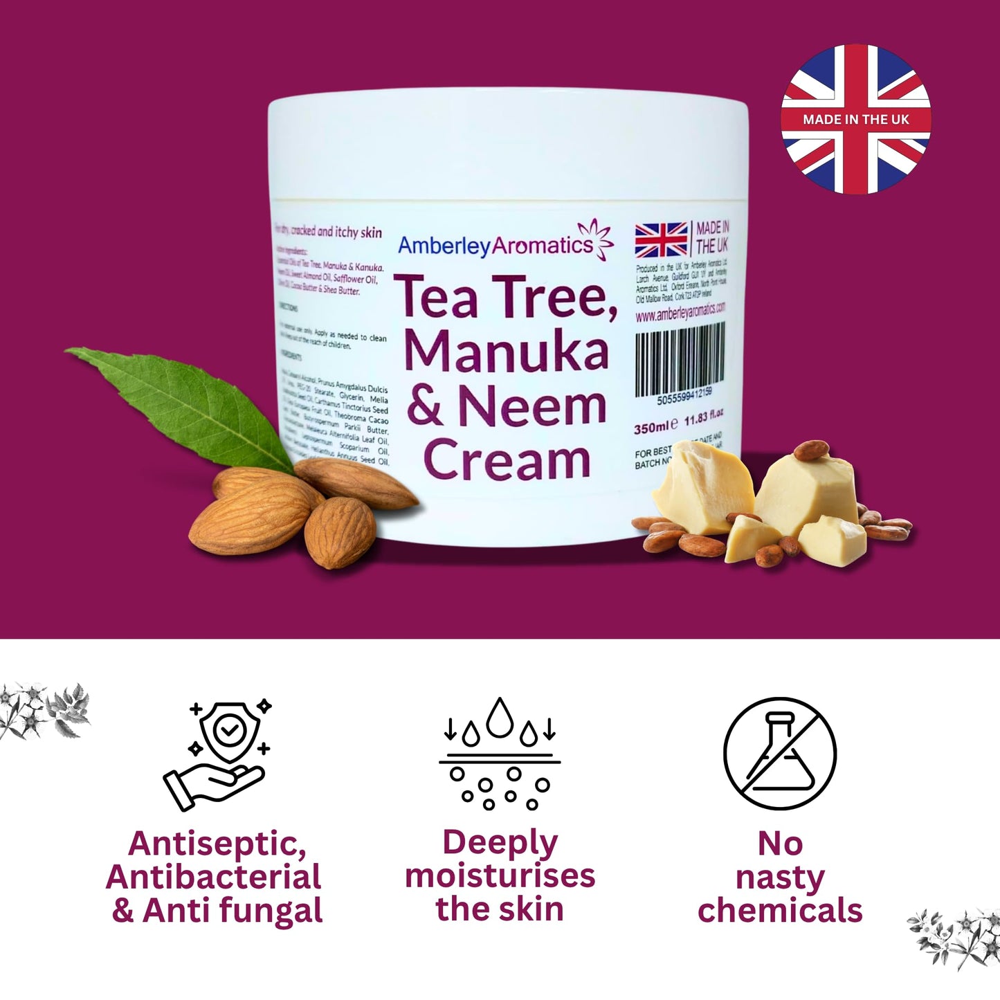 Tea Tree, Manuka & Neem Cream 350ml - Antibacterial, Anti-fungal, Antiseptic, Anti-Itch, Dry, Chapped & Cracked Skin, Eczema, Psoriasis, Jock Itch, Fungal infections. Fast Effective Relief