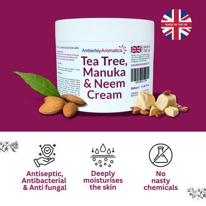 Tea Tree, Manuka & Neem Cream 350ml - Antibacterial, Anti-fungal, Antiseptic, Anti-Itch, Dry, Chapped & Cracked Skin, Eczema, Psoriasis, Jock Itch, Fungal infections. Fast Effective Relief