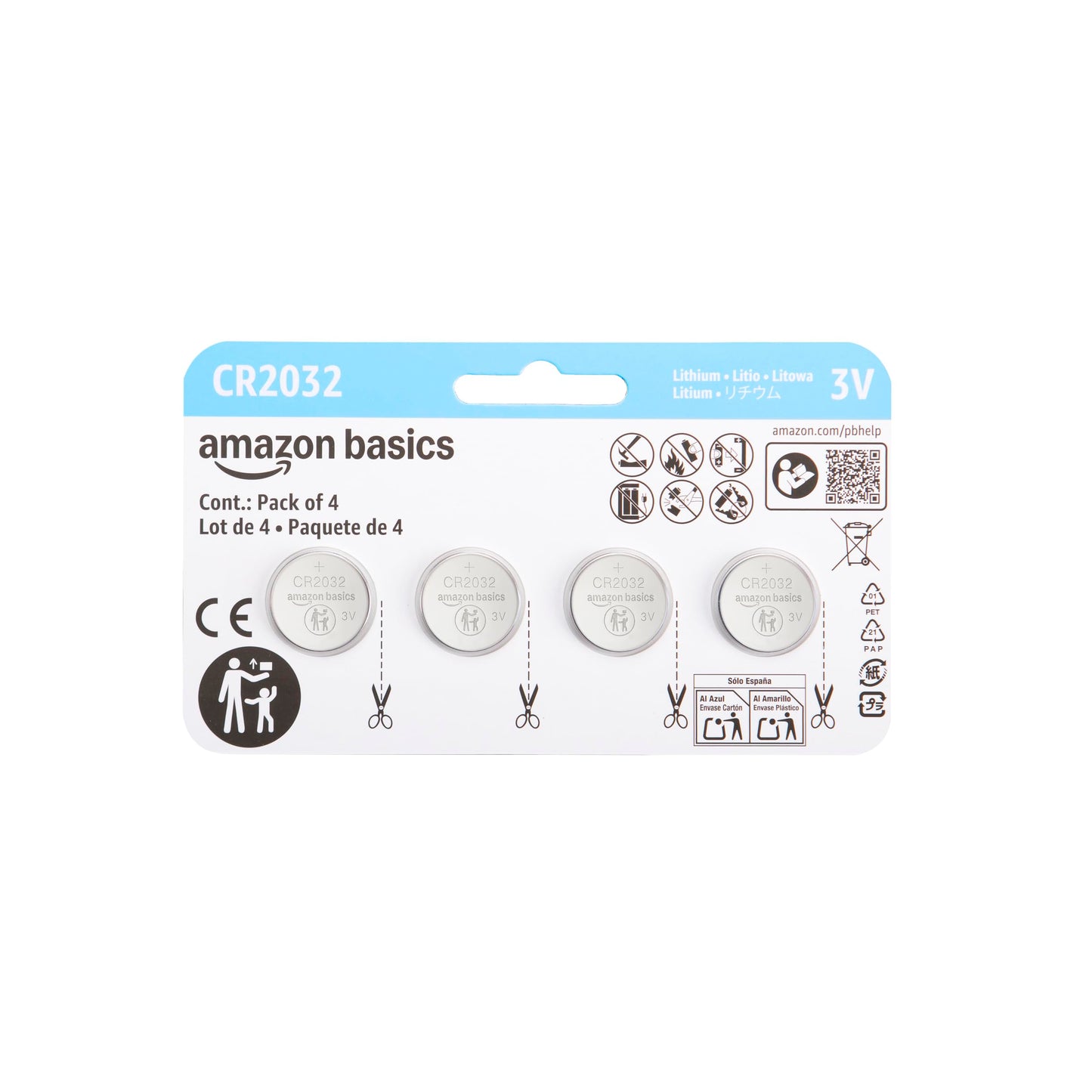 Amazon Basics CR2032 3V Lithium Coin Cell Batteries, Child-Proof Package, Non-Coated, AirTag Compatible, 4-Pack