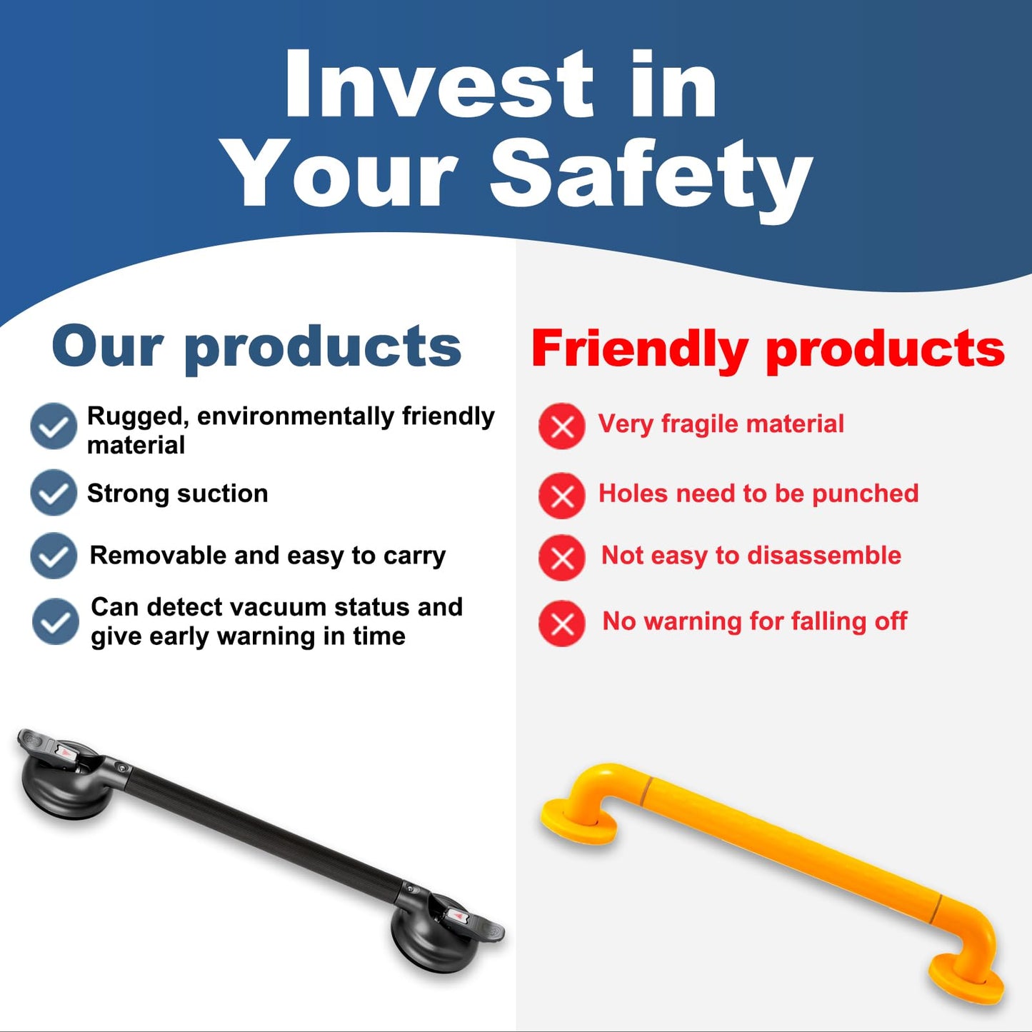 15-Inch Shower Handle - Upgraded Grab Bar with Strong Suction Cups for Bathtub & Shower Safety, Ideal for Seniors, Elderly, Disabled -Silver