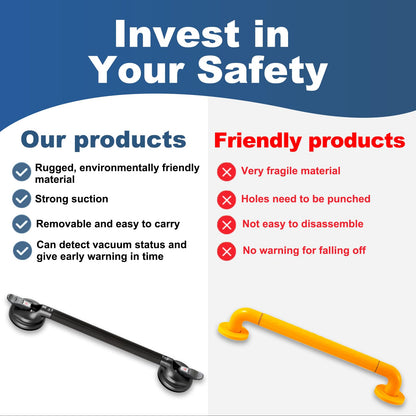 15-Inch Shower Handle - Upgraded Grab Bar with Strong Suction Cups for Bathtub & Shower Safety, Ideal for Seniors, Elderly, Disabled -Silver