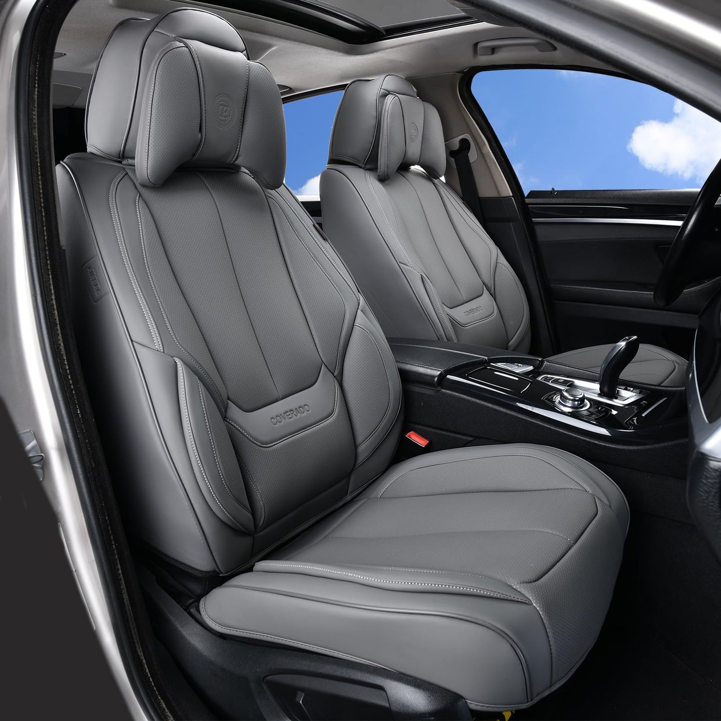 Coverado Car Seat Covers 5 Pieces, Full Set Universal Seat Covers for Cars, Waterproof Nappa Leather Auto Seat Protectors with Head Pillow, Car Interiors Fit for Most Sedans SUV Pick-up Truck, Black