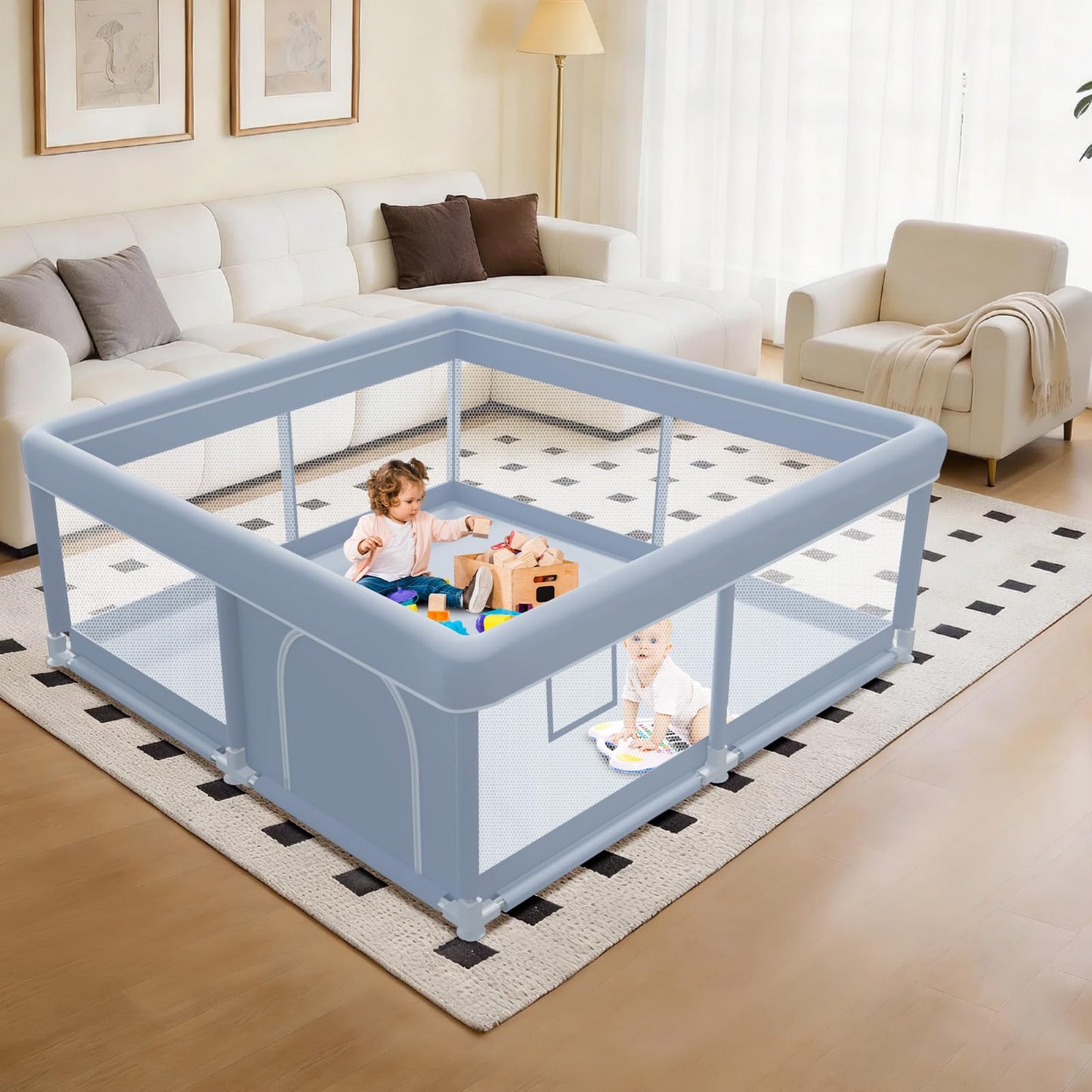 XVISHX 65 x 50 Inch Baby Playpen, Playpen for Babies and Toddlers, Baby Play Pen Playard for Indoor & Outdoor Active Center Game Fence, with Skin-Friendly Fabric and Soft Breathable Mesh, Grey