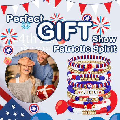 250 Anniversary USA Merchandise 4th of July Outfits for Women Men Teens Red White Blue Clay Beaded Stretch Bracelets USA Patriotic Jewelry 4th of July Accessories