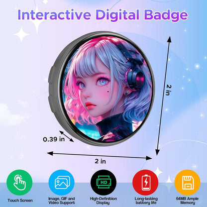 HD Touchscreen Digital Badge Pin – Smart Anime E-Badge for Backpacks with Video & GIF Display, Lightweight Pixel Name Tag, Rechargeable Electronic Button for Cosplay, Conventions & Unique Gifts