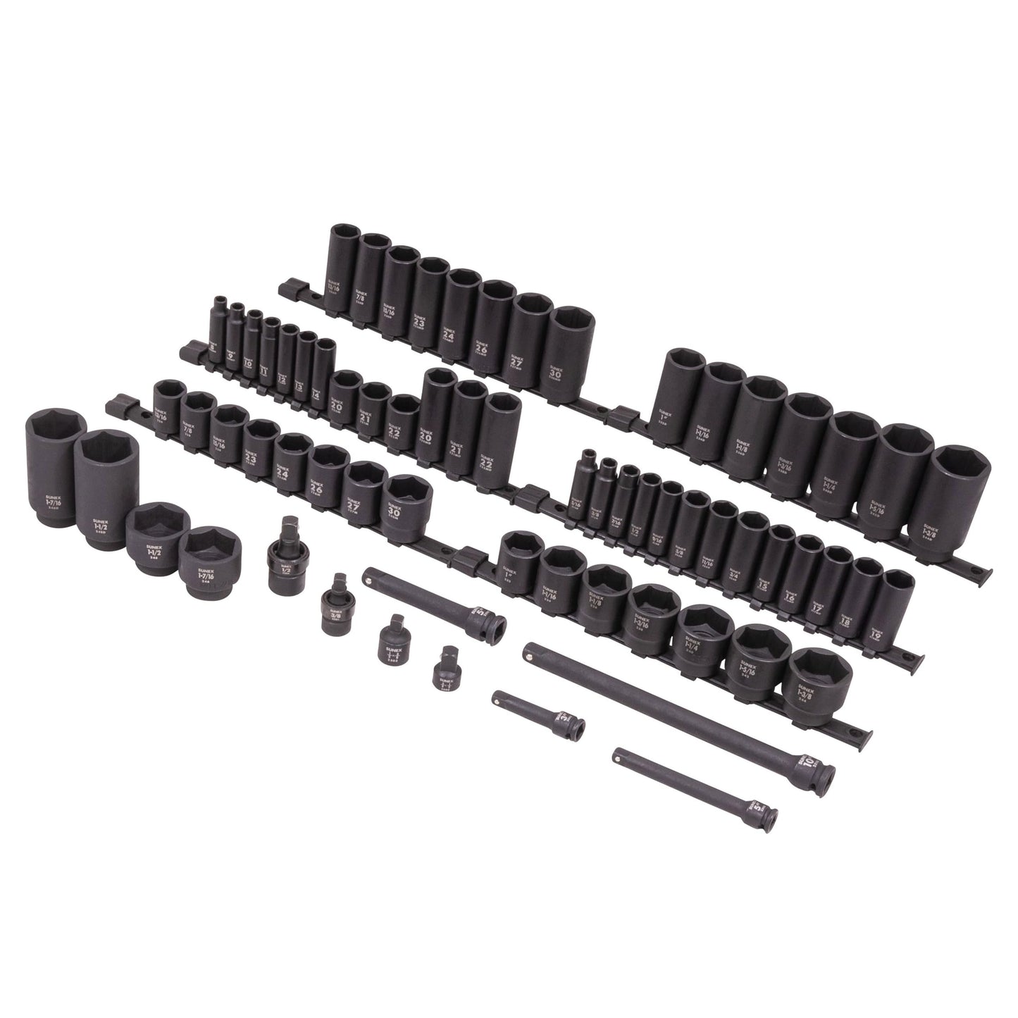 SUNEX Tools 80 Piece 3/8 in. Drive Master Impact Socket Set, Universal, Star, External Star, Extensions, Universal Joint, SAE and Metric, 8mm to 19mm and 5/16 in. to 3/4 in., CR-MO Steel, Model 3580