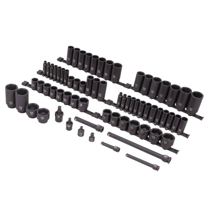 SUNEX Tools 80 Piece 3/8 in. Drive Master Impact Socket Set, Universal, Star, External Star, Extensions, Universal Joint, SAE and Metric, 8mm to 19mm and 5/16 in. to 3/4 in., CR-MO Steel, Model 3580