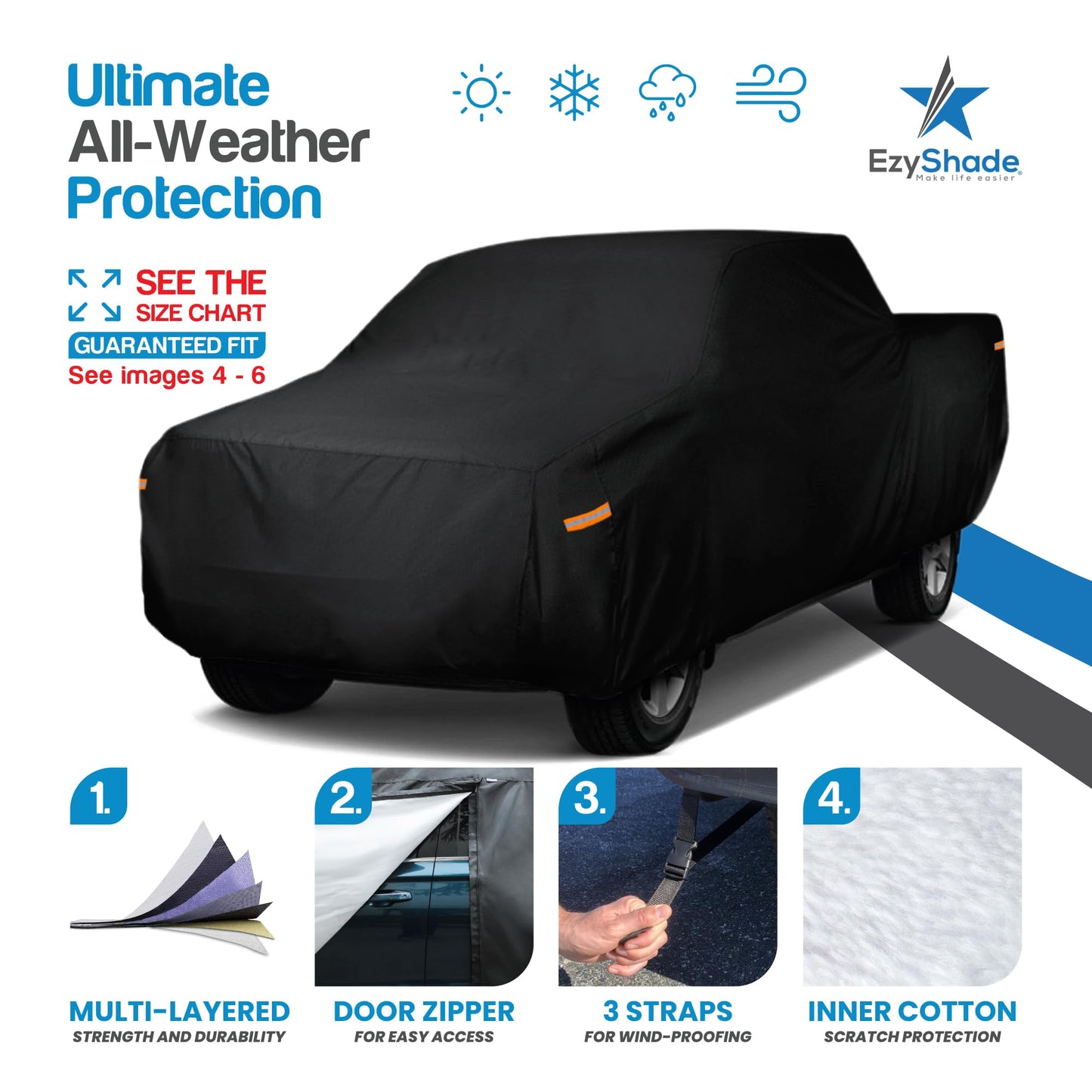EzyShade 10-Schicht Autoabdeckung Wasserdicht Allwetter - Siehe Fahrzeug-Größentabelle - Autoabdeckungen für Automobile & Auto Schneeabdeckung - Komplette Außenabdeckungen - Winter Regen Sonne SUV Limousine. Größe A4 (Siehe Größentabelle)