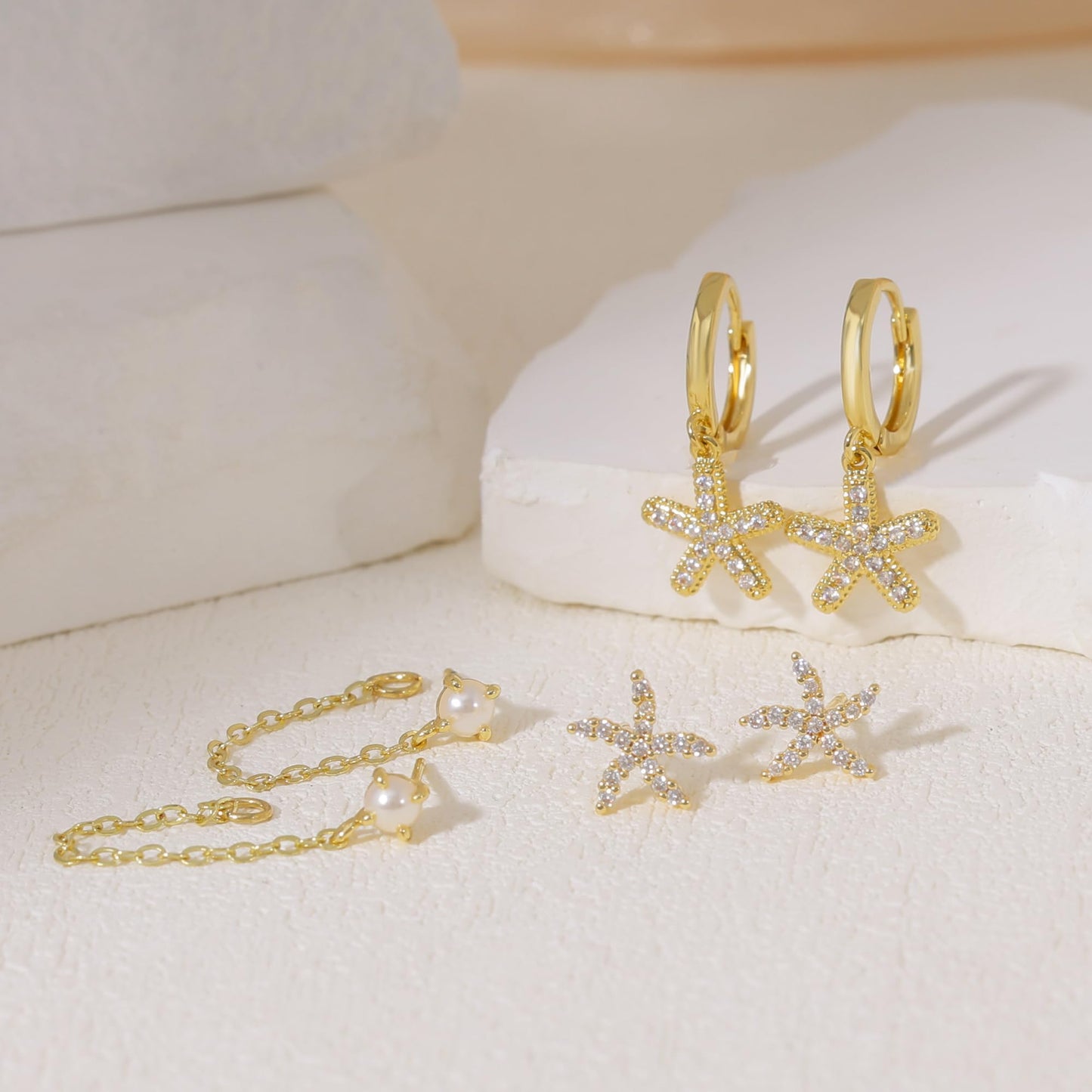 Gold Earrings For Women, Dainty Huggie Earrings Stack 14K Gold Plated Pearl Dangle Earrings for Women Trendy Cute Hypoallergenic Unique Gold Earring Stack Fashion Gold Jewelry Gifts