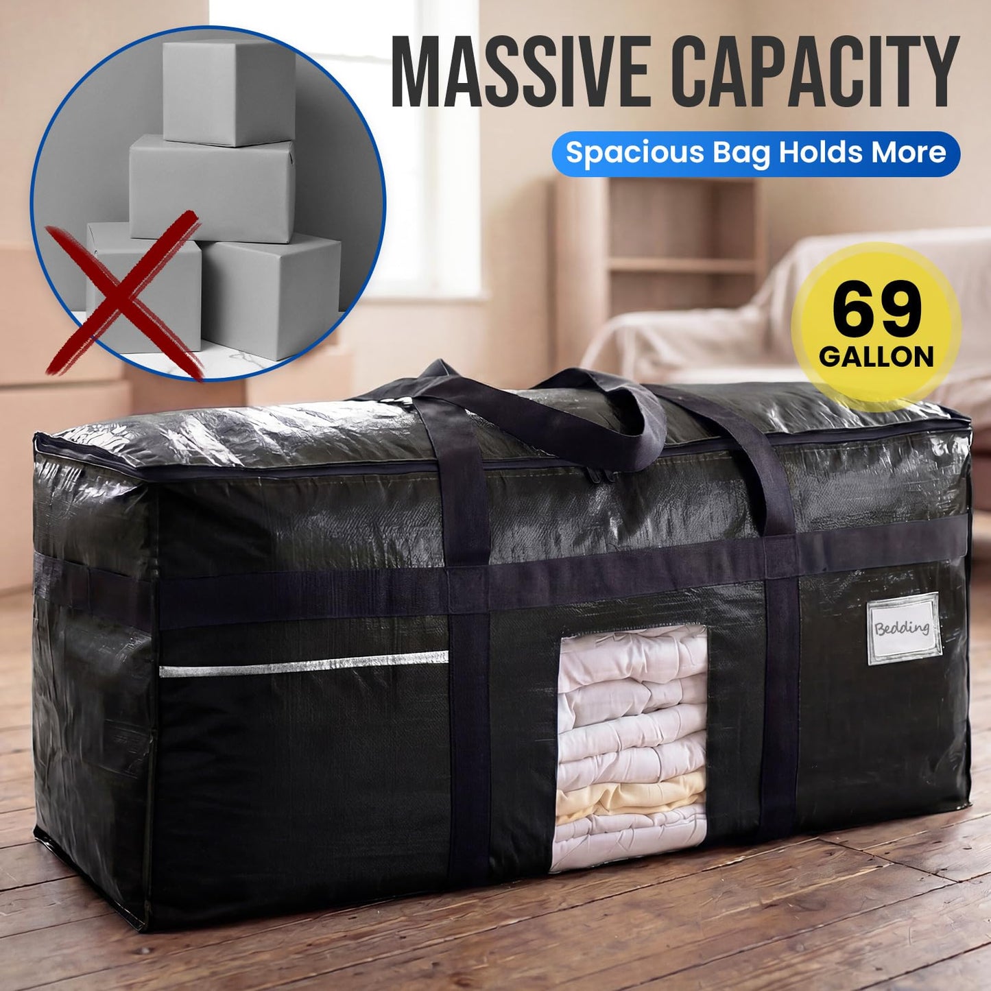 TAILI 69 Gallon Extra Large Storage Bags, XXL Blue Heavy Duty Moving Bags For Storage with Visible Window, Wrap Around Handles, Totes for Space Saving, Alternative to Moving Boxes (2 Pack)