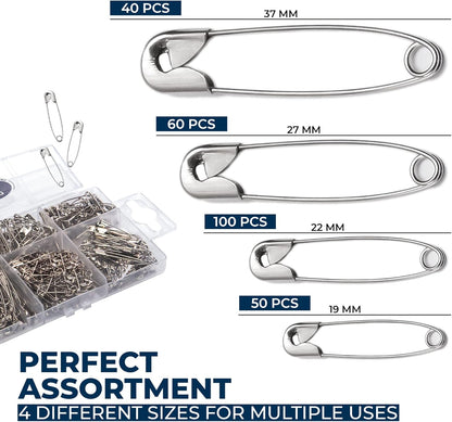 250 Pack Safety Pins by Luxurecourt, 4 Assorted Sizes of Durable, Silver Small and Large SafetyPins Bulk, Rust-Resistant Nickel Plated Steel, Sharp Edge Safety Pins for Clothes, Sewing, Arts & Craft