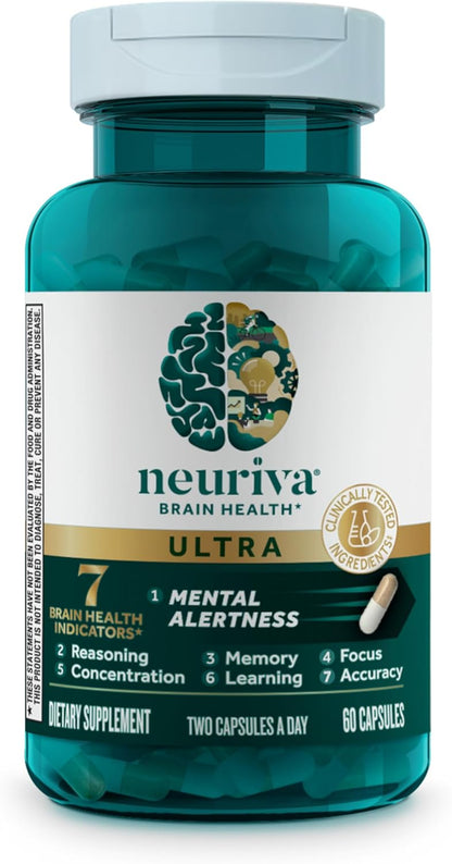 NEURIVA Ultra Brain Supplements for Memory and Focus, Phosphatidylserine, Cognivive, Neurofactor, Folic Acid, Vitamin B12 & Vitamin B6, 60 Count Capsules (Pack of 12)