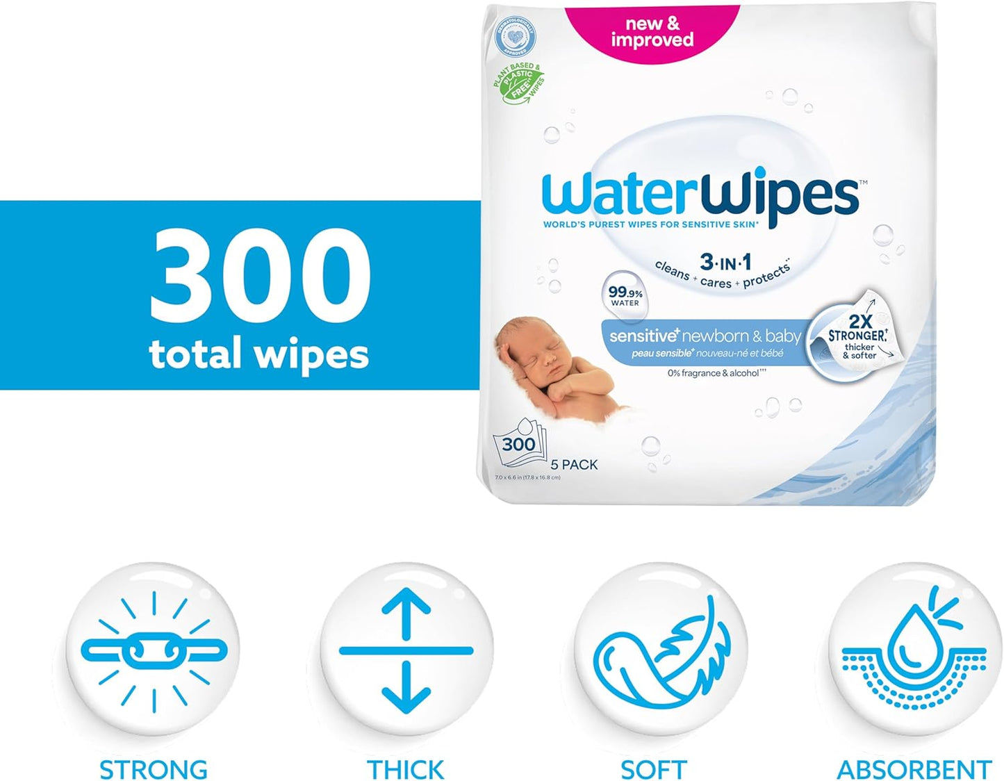 WaterWipes Sensitive+ Baby-Feuchttücher für Neugeborene und Babys, 3-in-1 reinigt, pflegt, schützt, 99,9 % Wasser, unparfümiert & hypoallergen, 720 Stück (12 Packungen)