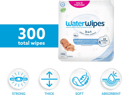WaterWipes Sensitive+ Baby-Feuchttücher für Neugeborene und Babys, 3-in-1 reinigt, pflegt, schützt, 99,9 % Wasser, unparfümiert & hypoallergen, 720 Stück (12 Packungen)