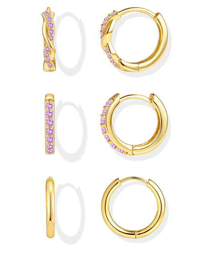 Inerney 14K Gold Plated Huggie Hoop Earrings for Women, Small Sterling Silver Earring Set Hypoallergenic Cartilage Helix Stacks, Mini Dainty Cute Trendy Birthstone Jewelry Gift for Multiple Piercings
