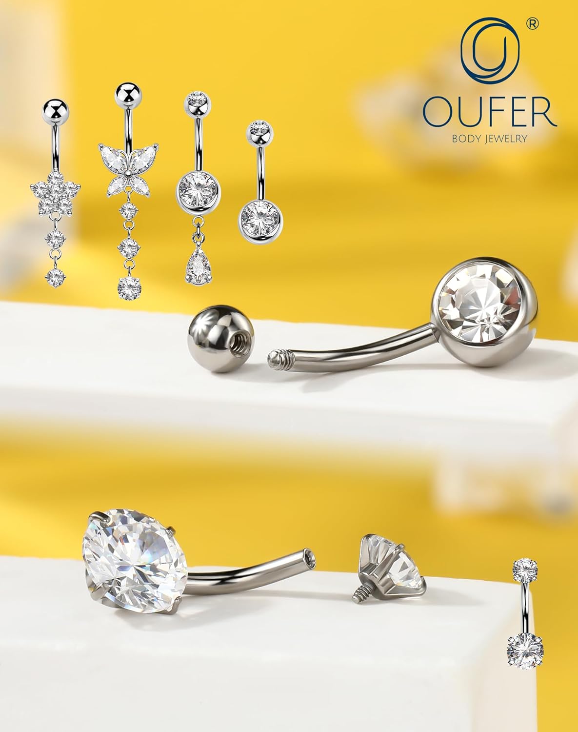 OUFER 5x Bauchnabelpiercings baumelnd – 14G Chirurgischer Stahl Bauchnabelpiercing, Hypoallergener Bauchnabelring mit Zirkonia Schmetterling Blume Tropfen Langhantel für Strand, Festival, Fitnessstudio