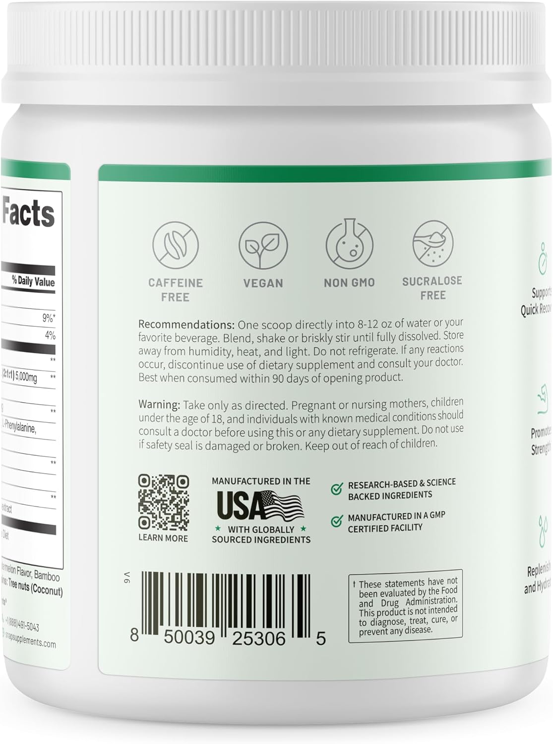 SNAP BCAA Powder Essential Amino Energy Supplement with Nitric Oxide Booster - Watermelon Flavor - Pre Workout Powder, Recovery Supplements Post Workout, Muscle Strength & Performance (30 Servings)