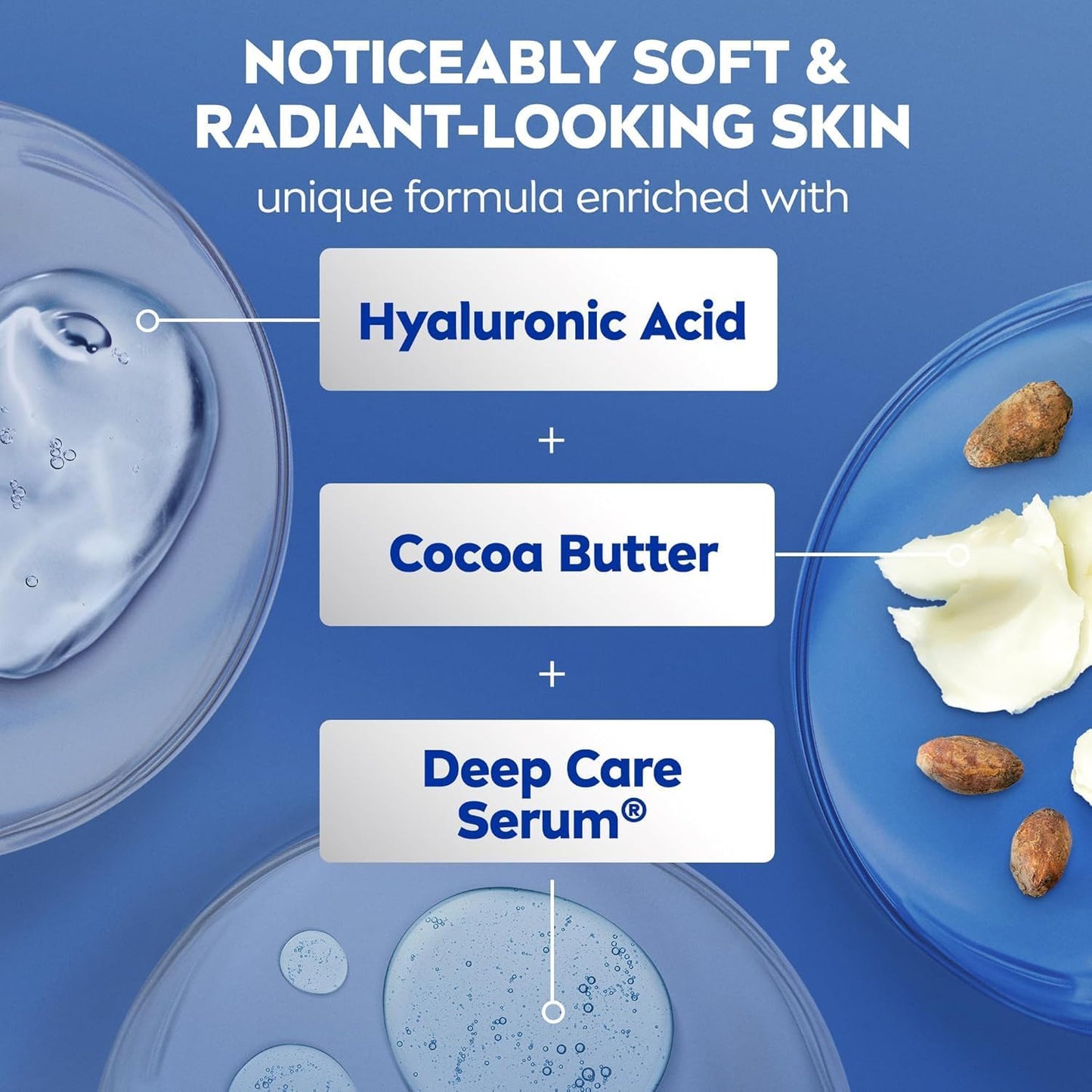 NIVEA Kakaobutter 72h Feuchtigkeitspflegende Body Lotion für trockene Haut, Körperlotion mit Hyaluronsäure und Kakaobutter, Nicht fettend und schnell einziehend, 625 ml Flasche