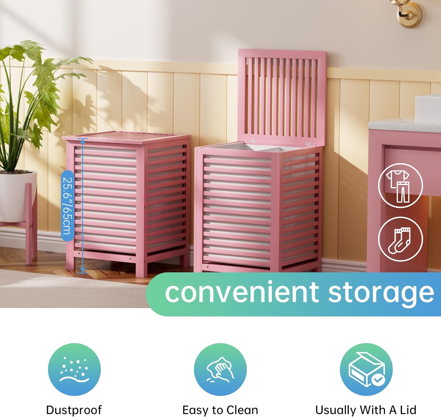 SMIBUY Double Laundry Hamper with Lid, 120L Bamboo Laundry Basket with Removable Liner Bag, 2-Section Clothes Divider Laundry Sorter for Laundry Room, Bathroom, Bedroom (Pink)