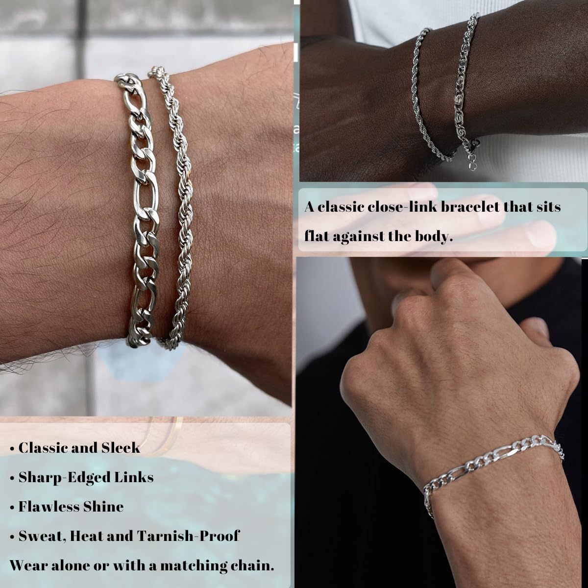 3 Stück Herren Silber Armbänder, robustes Curb Edelstahl Breite Schlangenkette Figaro Cuban Armband Set 7/7.8+1.2 Zoll verstellbares Stapel-Silberkettenarmband für Männer