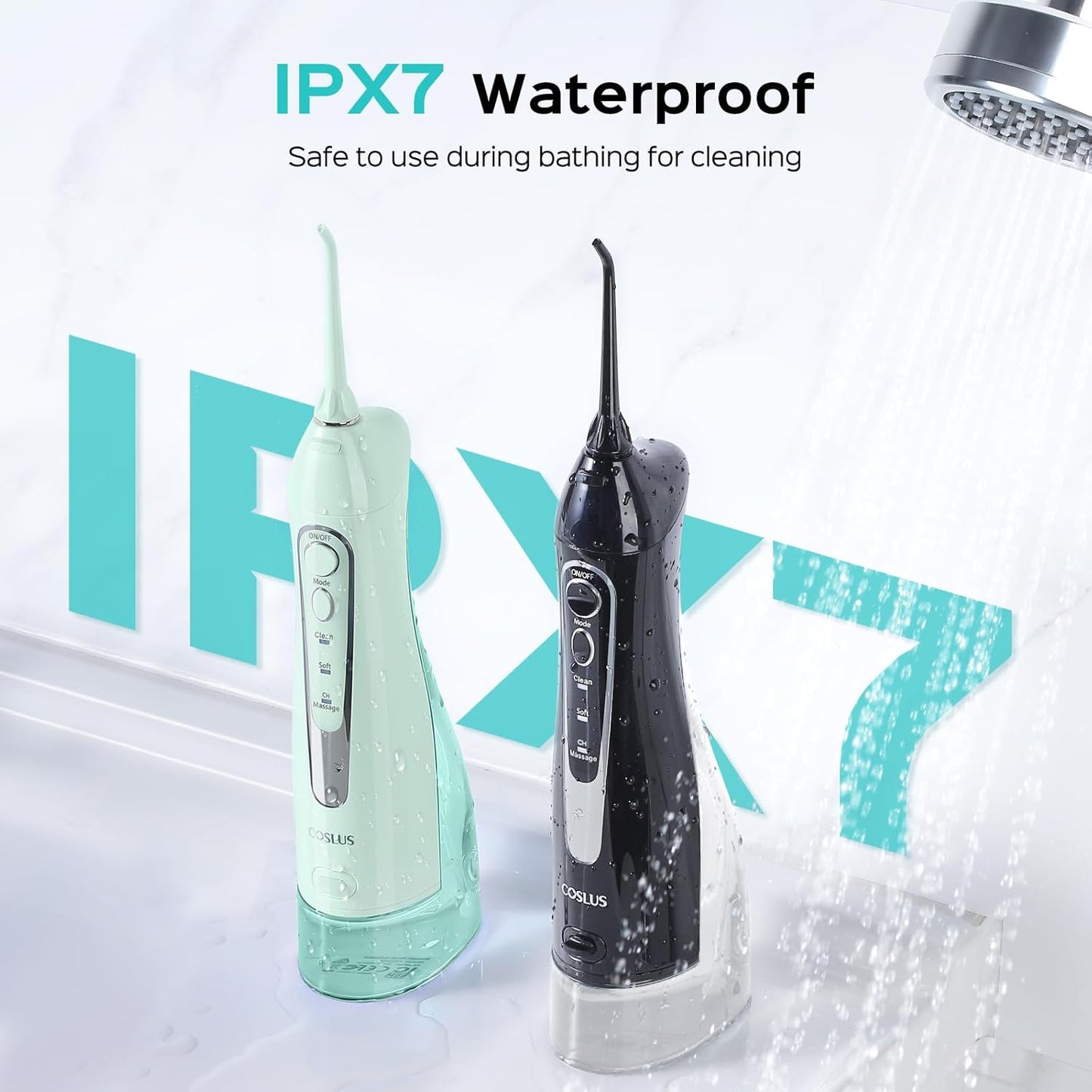COSLUS Water Flosser C20 (F5020E): 300ML Kabelloser Elektrischer Munddusche Wiederaufladbar IPX7 Wasserdicht Tragbares Reise-Zahnseide-Set für die Zähne